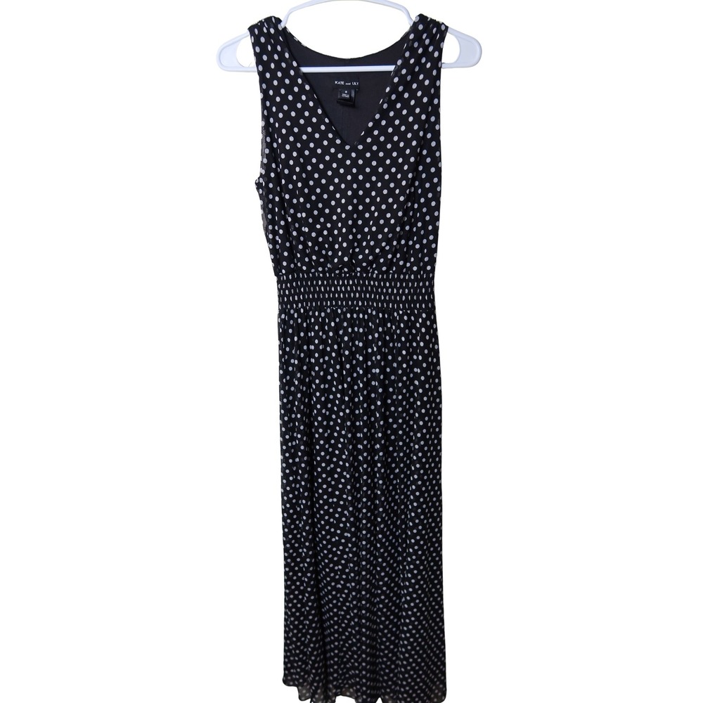 Kate and Lily Black White Polka Dot Mesh Maxi Dress Smocked Waist Size 6